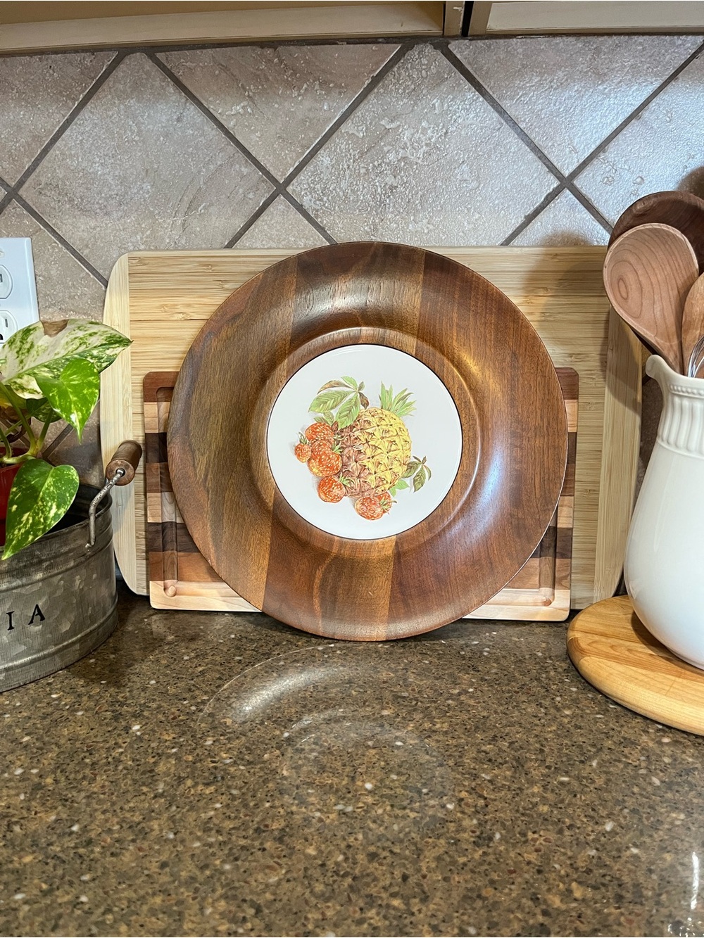 Vintage Ozark Walnutware Ceramic Tile Fruit Pineapple Strawberry MCM Retro